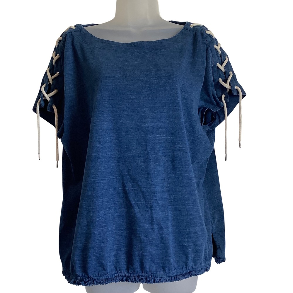 Chico's Blue Cotton‎ Lace Up Shoulder Fringe Hem Top Size 3 Large XL